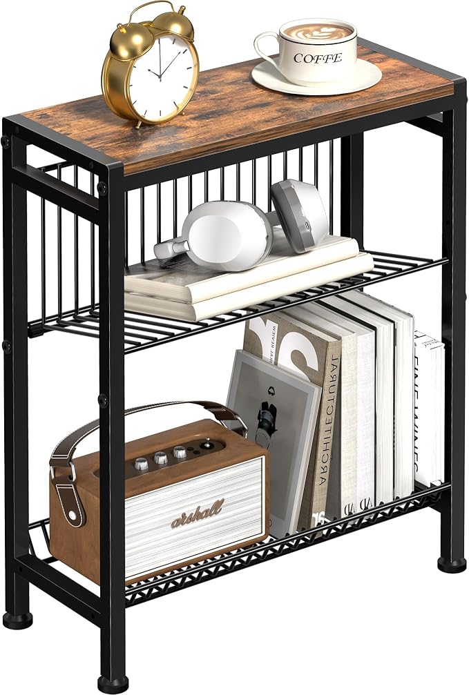 Narrow Side Table for Small Space, 3-Tier End Table with Magazine Holder,Slim Nightstand with Wire Shelf, Skinny Bedside Table in Living Room, Bedroom, Study, kitchen and Balcony (Rustic Brown)