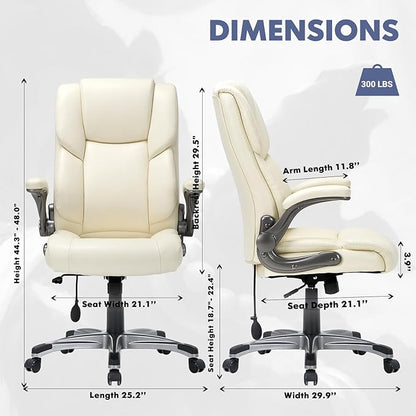 COLAMY Leather Executive Office Chair- High Back Home Computer Desk Chair with Padded Flip-up Arms, Adjustable Tilt Lock, Swivel Rolling Ergonomic Chair for Adult Working Study-Lvory, Set of 2