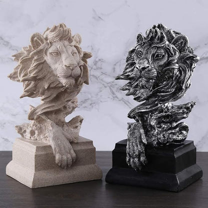 H&W Sandstone Lion Figurines - The King of Beasts - Statue Decoration for Home/Study/Living Room, Great Collectible Figurines, Best Gift for The Man, Silver Color (HH17-D3)