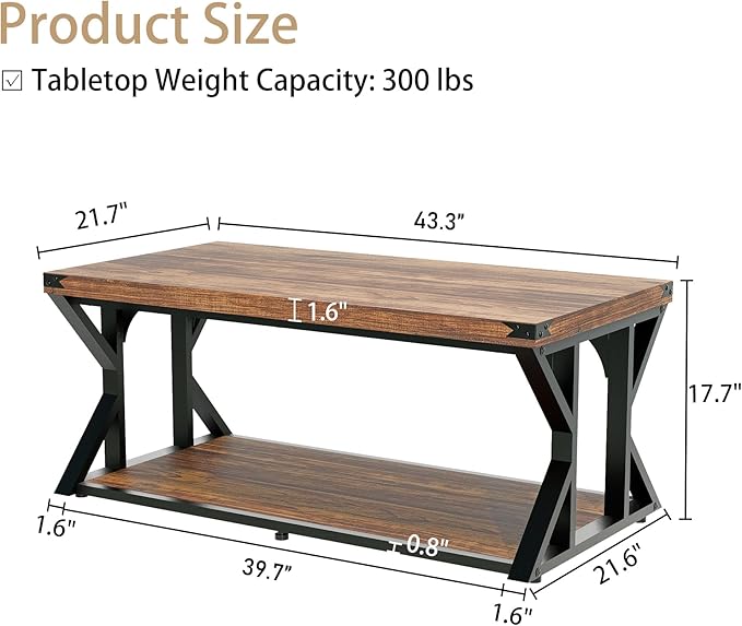 Rectangular Coffee Table, 43" Industrial Living Room Center Tables with Storage Shelf, Heavy-Duty Farmhouse Cocktail Tea Table with Angle Iron Tabletop&Metal Frame, Rustic Brown