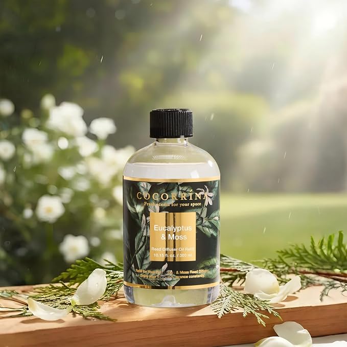 Cocorrína Reed Diffuser Refill Eucalyptus & Moss 10.14oz (300ml) with 8 Sticks - Premium Long-Lasting Floral Essential Oil, Home Fragrance for Bedroom, Bathroom Home Decor