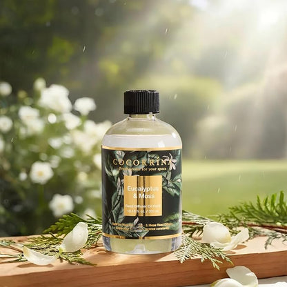 Cocorrína Reed Diffuser Refill Eucalyptus & Moss 10.14oz (300ml) with 8 Sticks - Premium Long-Lasting Floral Essential Oil, Home Fragrance for Bedroom, Bathroom Home Decor