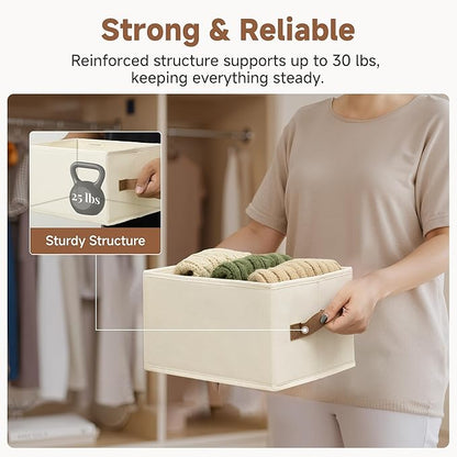 StorageWorks Storage Baskets for Shelves, Foldable Fabric Closet Storage Bins with PU Handles, Fabric Storage Bins Clothes Organizer, Ivory White, 3-Pack, Small