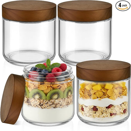 Bumobum 10 oz Small Glass Jars with Lids, Glass Container with Acacia Wood Airtight Lid, Wide Mouth Canisters for Chia Pudding Loose Tea Coffee Meal Prep Parfait Salad Snacks Yogurt Spice, 4-Pack