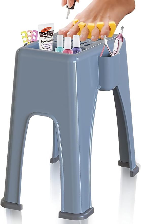 Skywin Extra Tall Shower Foot Rest with 3 Pockets to Hold Shaving Essentials 10 x 7.8 x 13 Inches - Extra Heighted Plastic Pedicure Foot Rest - Shower Stool for Shaving Legs (Grey)