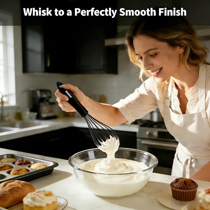 Anaeat Silicone Kitchen Whisk Set of 4, Perfect for Non-Stick Cookware, Egg Beater Milk Blender for Whisking, Cooking, Baking, Beating - 11'' Flat Whisk and 9''+11''+12'' Balloon Whisks (Black)