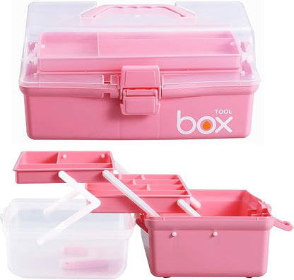 Kinsorcai 12'' Three-Layer Clear Plastic Storage Box with Handle, Craft Tool Box, 3 Layer Pink Tackle Box for Women, Organizer Box for Sewing Art and Cosmetic (Pink)