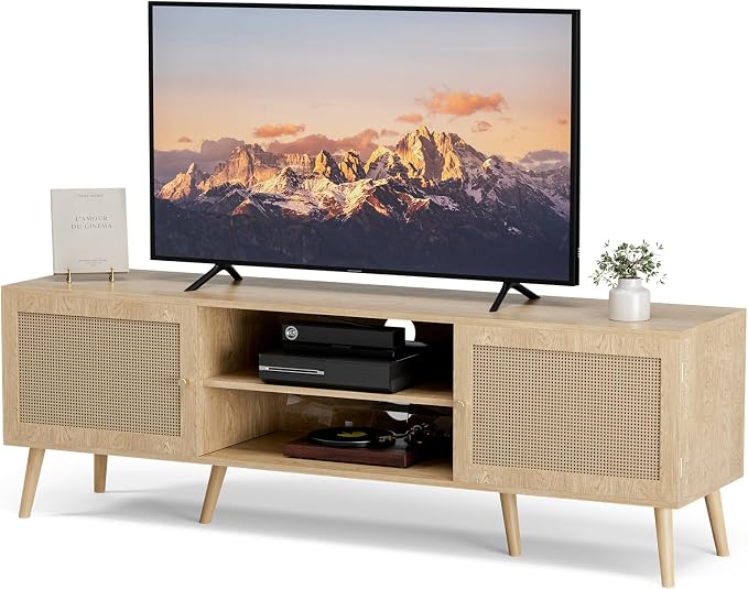 ZttRiee TV Stand for TVs up to 65'', Entertainment Center With Rattan Door, Shelves & 2 Cabinets, Long Boho Media Console for Living Room, Natural