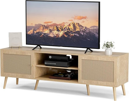 ZttRiee TV Stand for TVs up to 65'', Entertainment Center With Rattan Door, Shelves & 2 Cabinets, Long Boho Media Console for Living Room, Natural