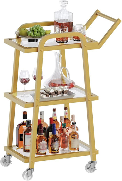 3 Tier Bar Cart, Home Bar Serving Cart, Rolling Bar Cart with Wheels, Mobile Drink Cart, for Kitchen, Garden, Party, Gold BC07GD