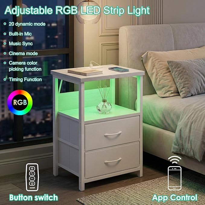 Fixwal White Nightstand for Women Bedroom, LED Night Stand with Charging Station, Bed Side Table with 2 Fabric Storage Drawers