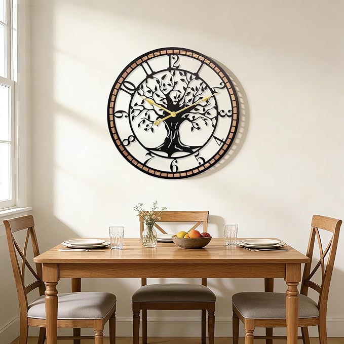 Axioglo Wall Clock,24" Large Wall Clock for Living Room Decor,Tree of Life and Wooden Frame Design,Non-Ticking Battery Operated,for Dining Room,Bedroom,Kitchen,Office Arabic Decoration