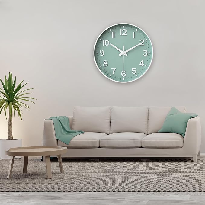 HZDHCLH Wall Clocks Battery Operated,Wall Clock Green,10 inch Wall Clock Silent Non Ticking Modern 3D Numbers for Kitchen Bedroom Living Room Office Classroom Decor