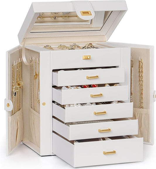 AKOZLIN 6-Tier Jewelry Box Organizer Functional 5 Drawers Leather Jewelry Storage Case for Women Girls Ring Necklace Earring Bracelet Holder Organizer with Mirror Medium White