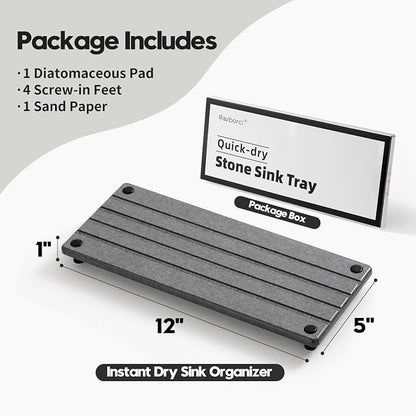 Razborci Instant Dry Sink Caddy Kitchen Sink Organizer, Quick Drying Stone Tray Diatomite Sponge Holder Soap Dish, Bathroom Countertop Fast Dry Water Absorbing Vanity Rack, Dark Gray,12" x 5"