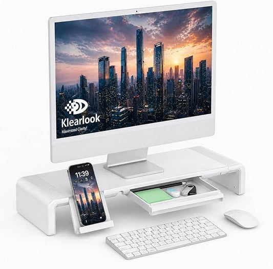 Monitor Stand Riser, Klearlook Foldable, Height Adjustable Computer Stand, Desk Shelf Riser with Storage Drawer &Tablet Phone Stand for Desktop, Laptop (White)