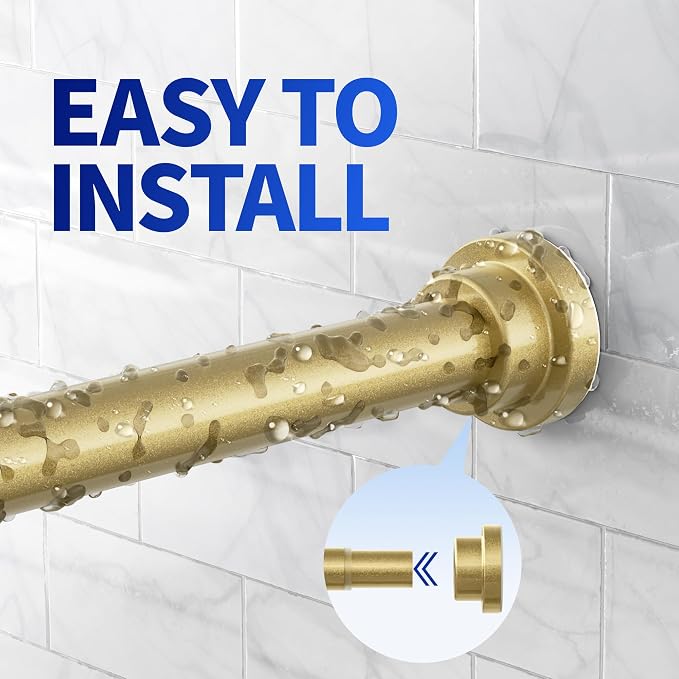 Mcrbeay Shower Curtain Rod, 1" Diameter Heavy Duty Tension Shower Rod, Non Slip Adjustable 28-102 inch No Drilling Shower Curtain Rods Spring Tension For Bathroom, Shower Stall, No Rust, Chrome Gold