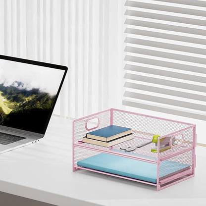 Marbrasse 2 Tier Paper Organizer Letter Tray, Mesh File Organizer with Handle, Paper Sorter Desk Organizer for Home Office Supplies - 2P Pink