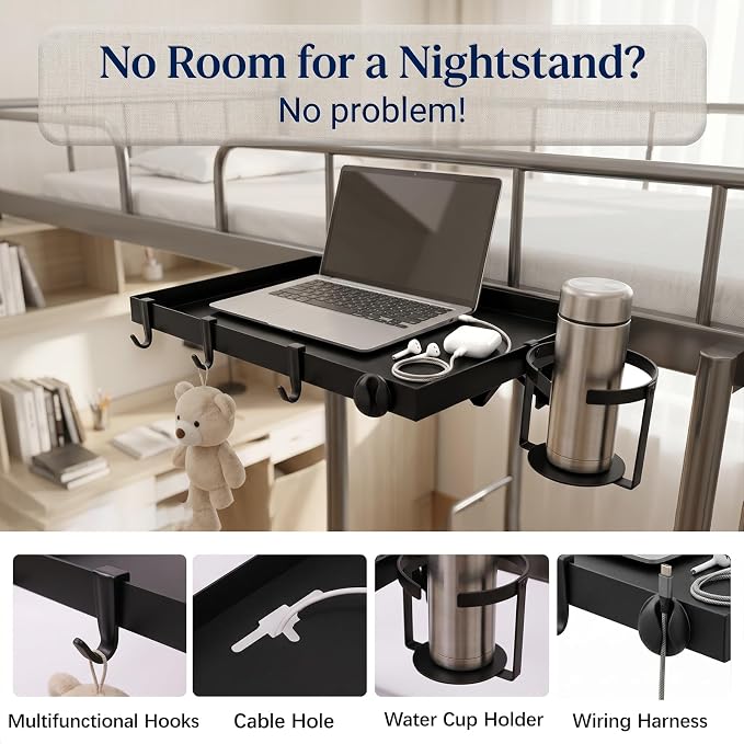 Foldable Bedside Shelf for Dorm Bunk Bed,Heavy Duty Metal Clip-On Bed Table Tray College Dorm Room Essentials,Bed Side Caddy Nightstand Alternative Organizer with Hooks&Removable Cup Holder Black