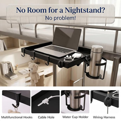 Foldable Bedside Shelf for Dorm Bunk Bed,Heavy Duty Metal Clip-On Bed Table Tray College Dorm Room Essentials,Bed Side Caddy Nightstand Alternative Organizer with Hooks&Removable Cup Holder Black