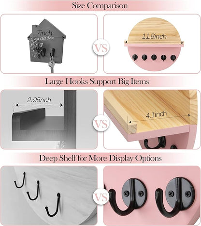 Pink Key Holder for Wall with Shelf - Wood Mail Organizer and Rack with Shelf Hooks Wall Mounted for Entryway Decor Magazines Letter Storage Farmhouse Living Room Bedroom Doorway