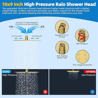 Hibbent All Metal cUPC Certified Shower Head, 10'' High Pressure Rainfall Shower Head Combo, Handheld Shower Wand, 12'' Adjustable Extension Arm, 4-Spray, 71'' Hose, Shower Holder, Brushed Gold