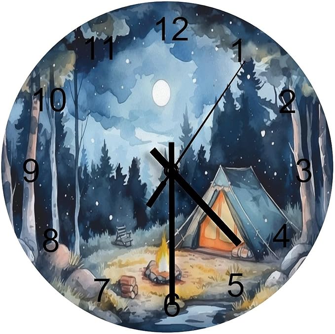 Forest Wall Clock Silent Non Ticking Battery Operated, Watercolor Mountain Forest Nature Tree Woodland Camping Clock Decorative for Bathroom Kitchen Bedroom Living Room(12 Inch)