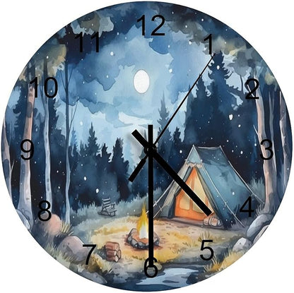 Forest Wall Clock Silent Non Ticking Battery Operated, Watercolor Mountain Forest Nature Tree Woodland Camping Clock Decorative for Bathroom Kitchen Bedroom Living Room(12 Inch)