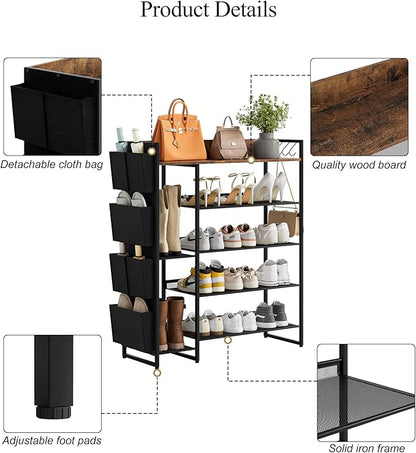 Brown 5-Tier Shoe Organizer - Free Standing Shoe Rack with Storage Bag for High Heels, Entryway, Hallways, Closets, Dormitory Rooms