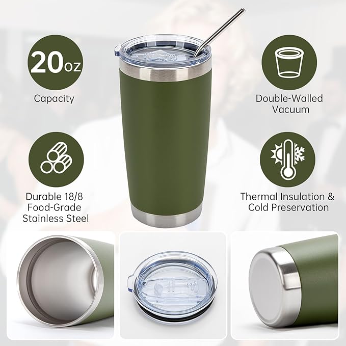 IEOVIEE 32 Pack, 20oz Stainless Steel Bulk Tumblers with Lids and Straws, Double Wall Insulated Travel Coffee Mug, Durable Powder Coated Tumbler Bulk Cup for Cold and Hot Drinks(Army Green)