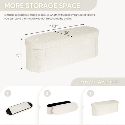 B FSOBEIIALEO Ottoman with Storage for Living Room, Sherpa Folding Storage Ottoman Foot Rest, 43.3 Inches Collapsible Bedroom Bench White Cream