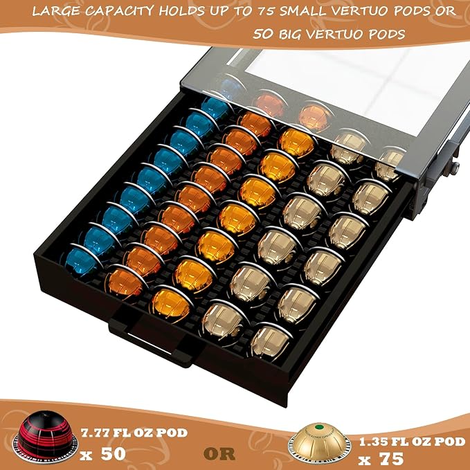 Vertuo Pod Holder Drawer with Deluxe Black Tempered Glass Top, Compatible for Nespresso VertuoLine Pods, Holds up to 75 Small or 50 Big Vertuo Pods Compact Design (CRYSTAL CLEAR ROLLING DRAWER)
