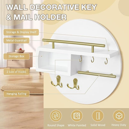 kuaima Key Holder Wall Mount, Round Wooden Key Rack with Shelf, Sunglasses Hanger, Storage Box, Multi Hooks, 12 Inch, White and Gold