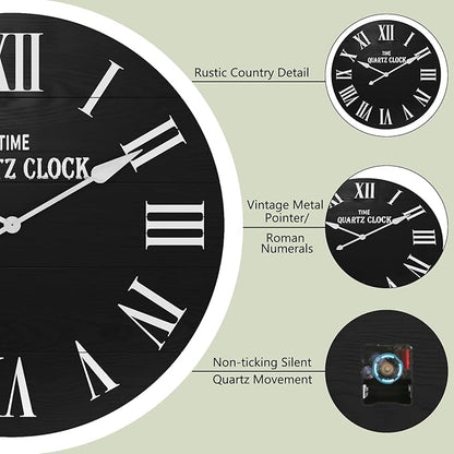 ARTPOWER Large Farmhouse Wall Clock, 35.5” Shiplap Wall Clock with Roman Numeral, Nearly Non-Ticking, Round Wall Clocks for Living Room Decor, Office, Bedroom, Entrance, Black