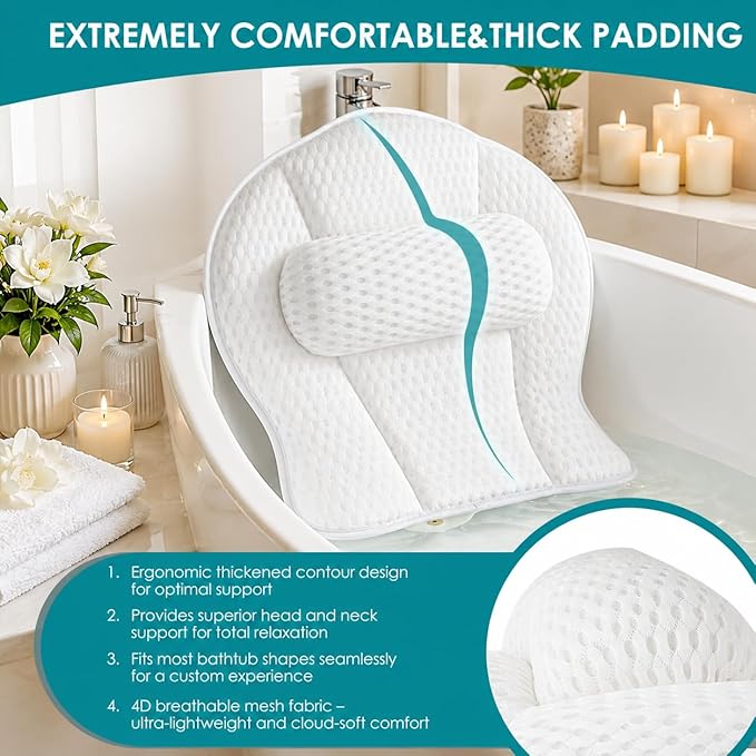 Bath Pillow for Tub,Luxury Bath Pillow for Back,Bathtub Pillow | Bathtub Pillow is Made of Soft 5d Mesh Fabric, Anti Slip Suction Cups, Spa Gifts, And Neck And Back Support (Regular Version)