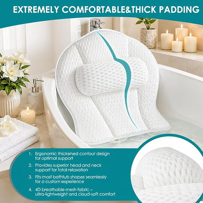 Bath Pillow for Tub,Luxury Bath Pillow for Back,Bathtub Pillow | Bathtub Pillow is Made of Soft 5d Mesh Fabric, Anti Slip Suction Cups, Spa Gifts, And Neck And Back Support (Regular Version)