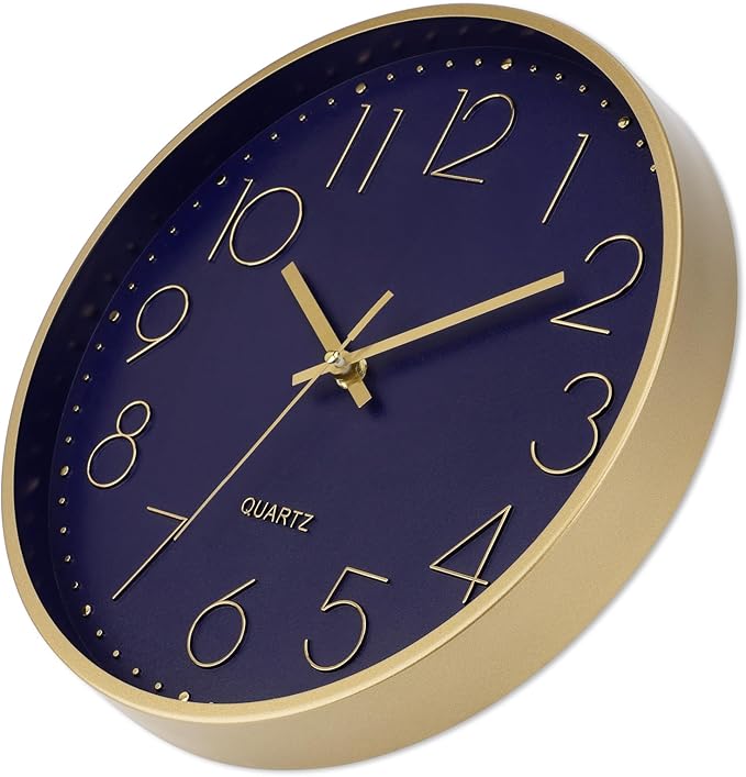 Foxtop Modern Wall Clock 12 Inch Silent Non-Ticking Battery Operated Round Quartz Gold Wall Clock for Living Room Bedroom Kitchen Office Classroom Decor (Dark Blue Dial)