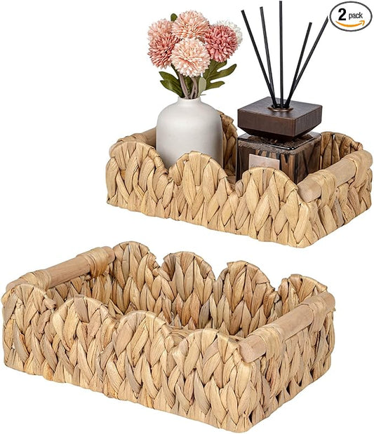 Scalloped Wicker Rattan Baskets for Shelf, Toilet Paper Storage Basket for Over Toilet Storage Shelf, End Table, Living Room, Bedroom, Shelves, Handwoven Farmhouse Home Decor, Natural Set 2