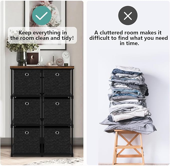 Small Fabric Dresser with 6 Drawers, Tall Cube Organizer for Closet, Storage Drawer Unit Chest of Drawers for Bedroom, Living Room, Hallway, Dorm, Black