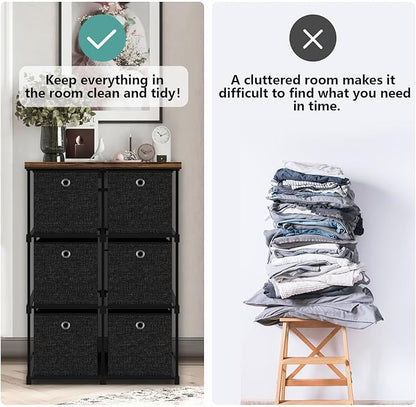 Small Fabric Dresser with 6 Drawers, Tall Cube Organizer for Closet, Storage Drawer Unit Chest of Drawers for Bedroom, Living Room, Hallway, Dorm, Black
