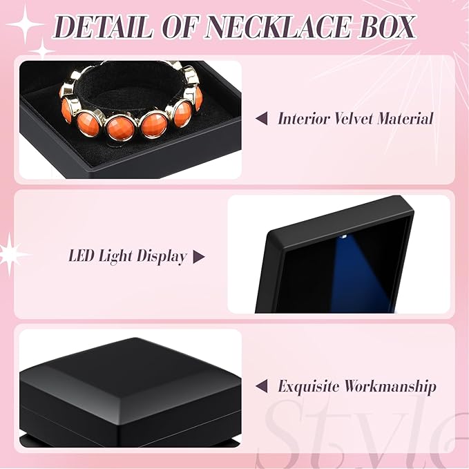 Yinkin 12 Pcs Black Velvet Jewelry Boxes LED Light Display Ring Necklace Bracelet Chain Gift Box Bulk Wedding Proposal Anniversary(Bracelet,Square)