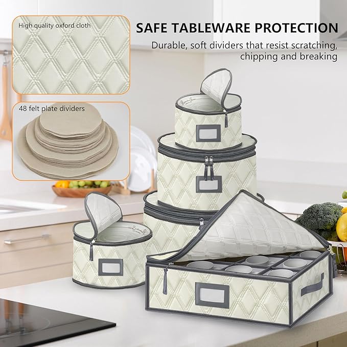 5 Pack China Storage Containers Set (Beige) - Sturdy Quilted Wine Glass & Dish Storage with Dividers - Compact Size