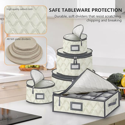 5 Pack China Storage Containers Set (Beige) - Sturdy Quilted Wine Glass & Dish Storage with Dividers - Compact Size