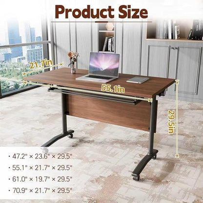 6Packs Folding Conference Table with Silent Wheels,Mobile Flip Top Meeting Room Table for Office Training and Classroom,Foldable Modular Rolling Desk for Home Office,Walnut Space-Saving Rectangular