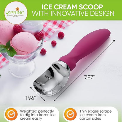 Spring Chef Heavy Duty Metal Ice Cream Scoop with Non-Slip Handle, Premium Ice Cream Spade for Frozen Yogurt, Gelato, Sorbet, Sundae, Melon, Cookie Dough - Dishwasher Safe Kitchen Tool - Magenta
