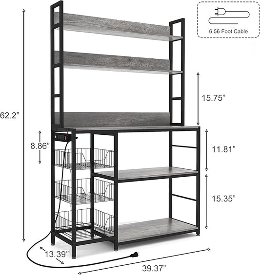 Chnnmbrn Kitchen Bakers Rack with Baskets and Power Outlet,5-Tier Kitchen Utility Storage Shelf with Hooks, Microwave Oven Stand Rack,Vintage Grey Free Standing Kitchen Shelf