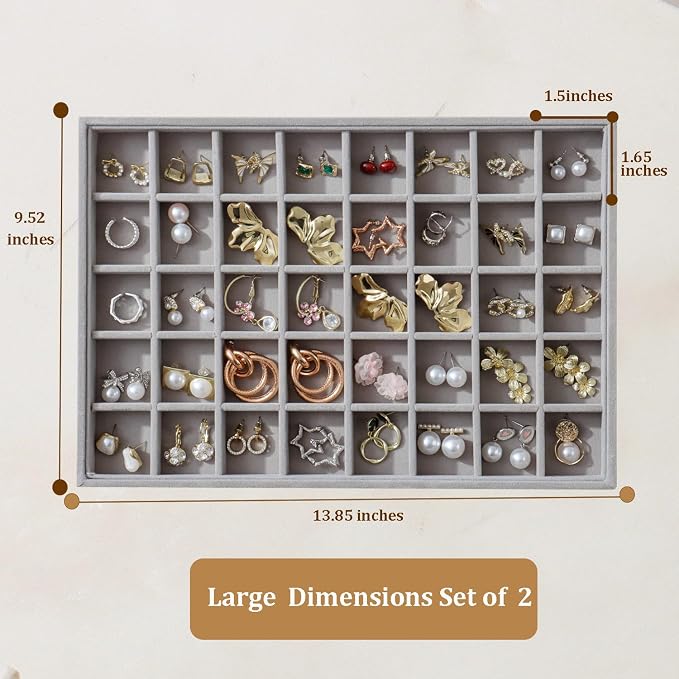 Large Velvet Jewelry Tray 2 Pack Stackable Jewelry Display Drawer Inserts Trays Organizer for Earring Bracelet Necklace Ring (Gray, 40 Grids)