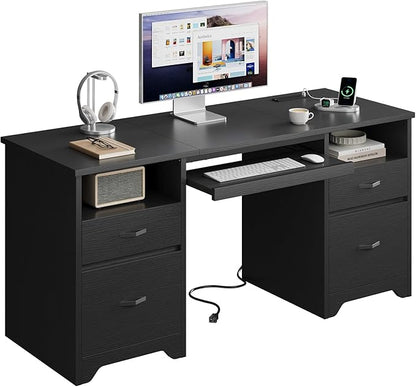 Bestier 59” Computer Desk with 4 Drawers, Office Desk with Storage, Modern Executive Desk with Charging Station, Keyboard Tray & Wooden Pedestals on Both Sides for Home Office & Studio, Black