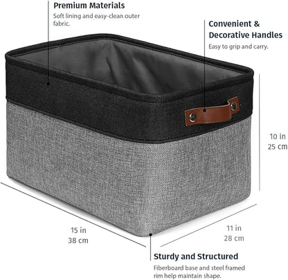 OrganiHaus Large Fabric Storage Baskets for Shelves 3 Pack, 15x11in Closet Storage Bins for Shelves, Canvas Baskets for Organizing, Linen Closet Organizers, Cloth Basket, Gray/Black
