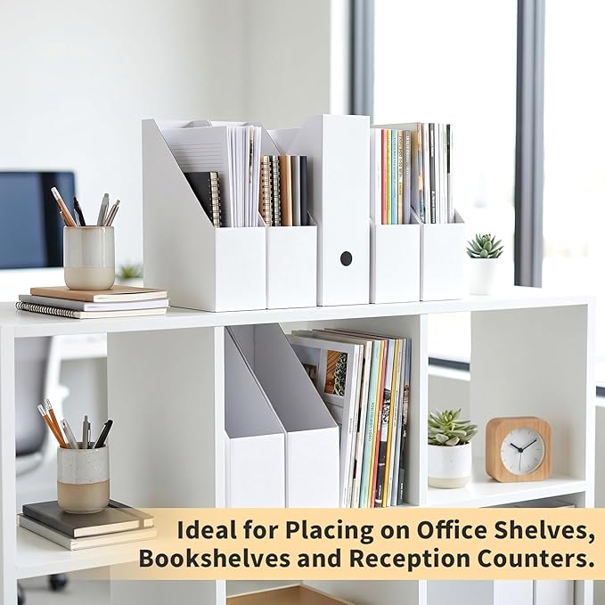 EXYGLO 12 Pack White Magazine File Holder, Cardboard Magazine Rack with Label, Foldable Storage Organizer Box for Book, Documents, 10.2x3.5x10.6 Inches